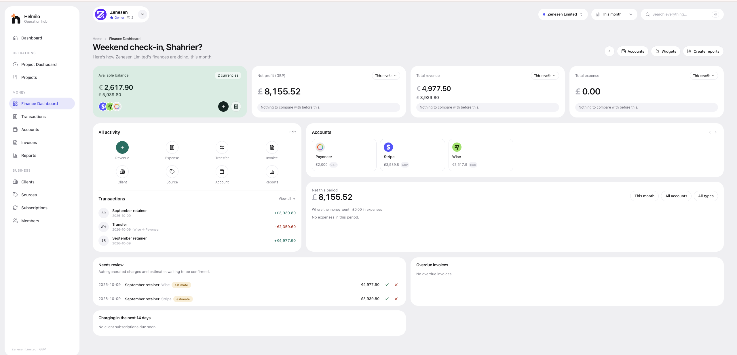 Helmilo finance dashboard showing available balance in two currencies, net profit of £8,155.52, total revenue with a per-currency breakdown, accounts for Payoneer, Stripe and Wise, recent transactions and a Needs review queue.
