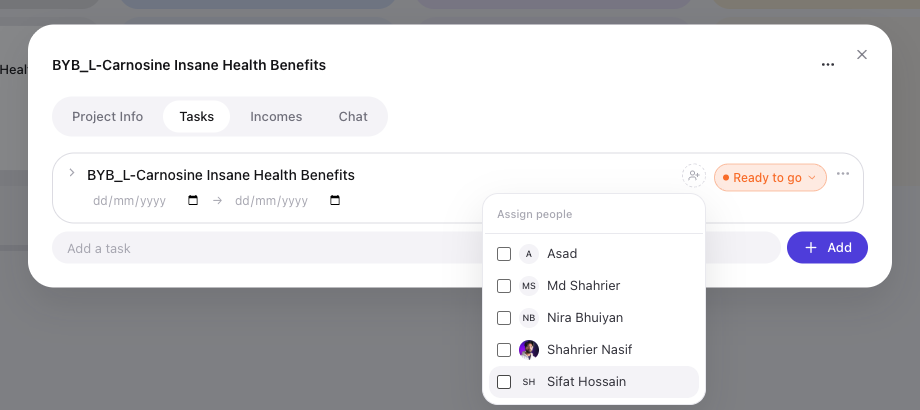 Helmilo project dialog with Project Info, Tasks, Incomes and Chat tabs, a task with status Ready to go and the assign-people list.