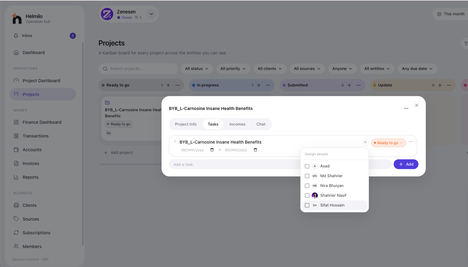 Helmilo Kanban board of projects with columns Ready to go, In progress, Submitted and Update, and a project dialog with Project Info, Tasks, Incomes and Chat tabs.
